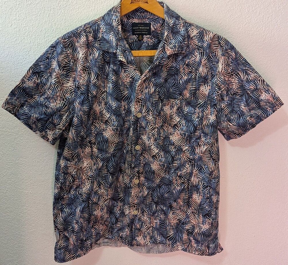 Lucky Brand Mens Size M Medium Tropical Leaf Short Sleeve Button Up Shirt (721)
